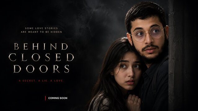 Cinematic movie poster for Behind Closed Doors, dramatic couple portrait in dark shadows, romantic thriller film cover design