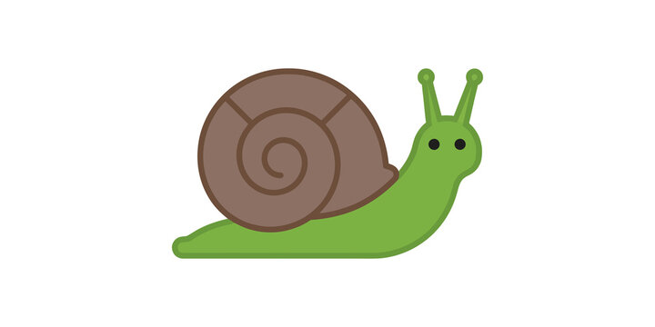Green snail with brown shell character flat vector illustration for kids educational materials and nature designs.