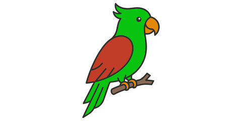 Colorful parrot illustration with vibrant green and red feathers perched on a tree branch. © 扁平化图标 
