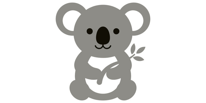 Gray koala bear icon holding eucalyptus leaf for wildlife conservation and educational design projects.