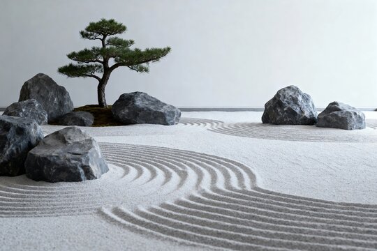 Zen garden with raked sand, rocks, and a single pine tree