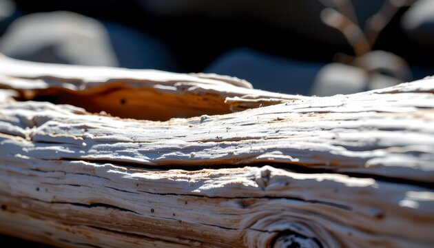 The image features a close up view of a weathered piece of wood, highlighting its rough, textured surface with prominent cracks and layers
