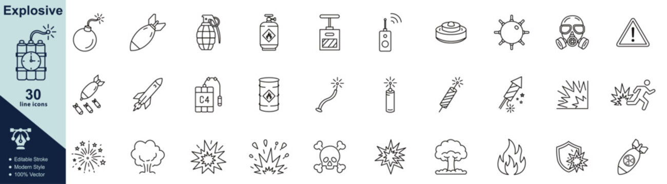 Explosive line icon set featuring bombs, grenades, rockets, detonators, fireworks, blast effects, mines, warning signs, and safety symbols