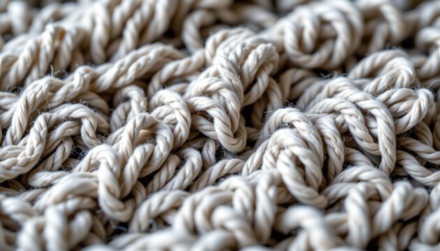 The image depicts a close up view of several tangled, thick yarn or rope strands made of a cream or off white fiber