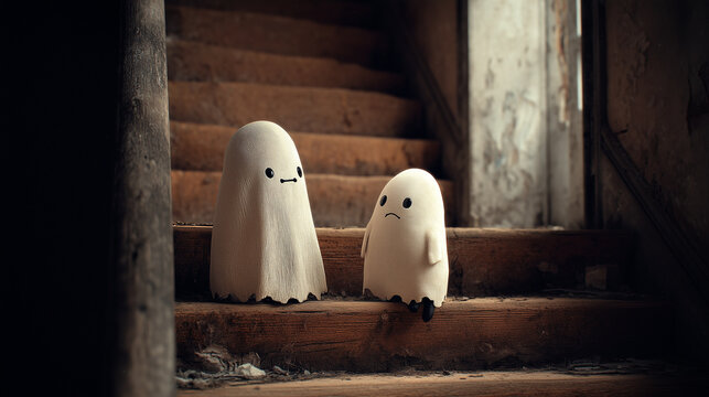 Two friendly ghosts sitting on a staircase in an abandoned building  