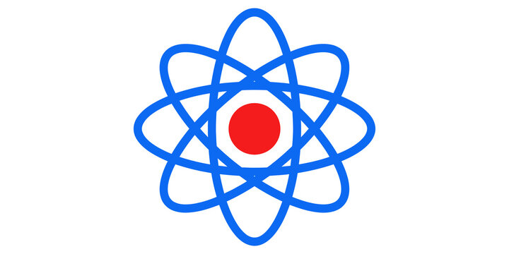 Blue atomic model icon with red nucleus for science and education.
