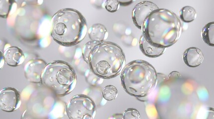 Fototapeta premium A stunning 3D composition of floating transparent glass spheres refracting beautiful iridescent rainbow light reflections.