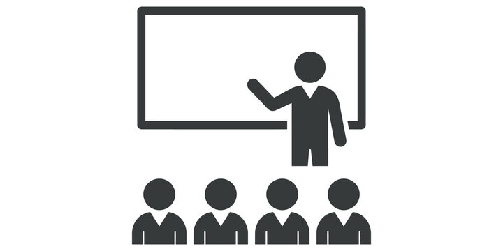 Presentation icon showing teacher explaining in front of classroom students for educational content.
