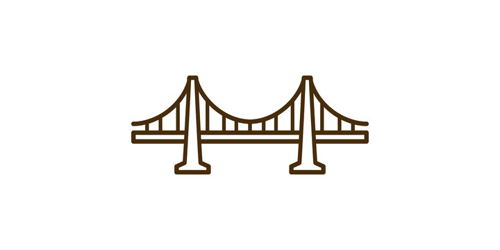 Suspension bridge line art icon in brown representing civil engineering architecture and infrastructure development.
