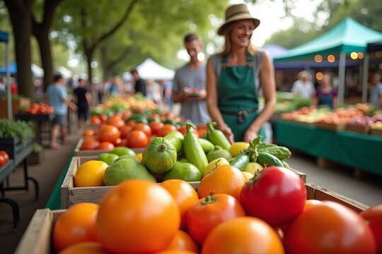 Explore a Lively Farmers Market: An Artistic Showcase of Colorful Gluten-Free Produce in Wooden Crates Amidst Engaging Local Farmers and Shoppers