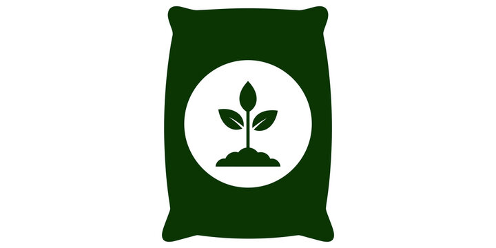 Dark green sack of organic fertilizer with plant icon for gardening and sustainable agriculture farming.