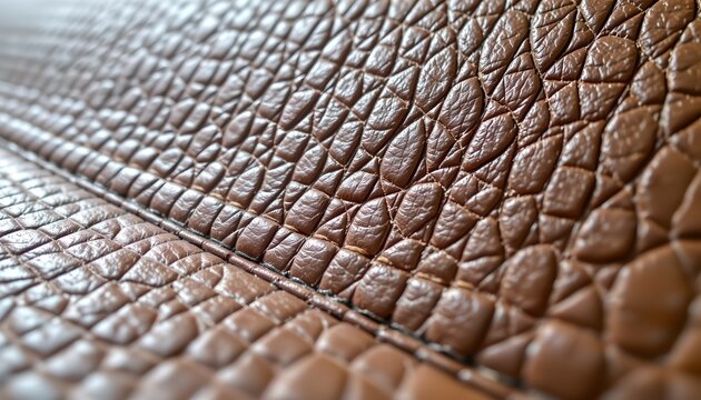 The image shows a close up view of textured brown leather material with a pattern resembling scales or pebbles. The surface appears glossy with light reflections highlighting the bumps and ridges
