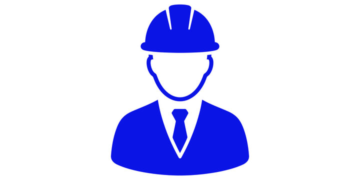 Blue engineer silhouette wearing hard hat and suit for construction project management and professional industrial identity.