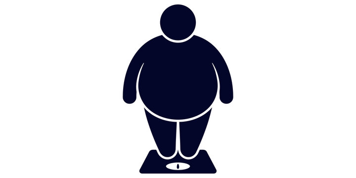 Overweight person standing on weight scale icon representing obesity or health assessment.