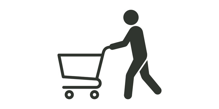 Person pushing shopping cart icon for retail and commerce.