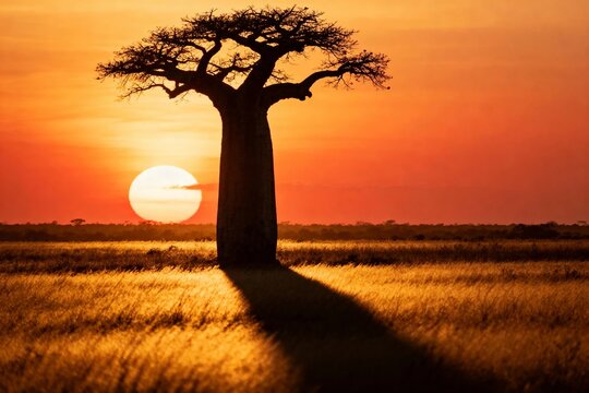 Silhouette of a baobab tree at sunset in a savanna landscape