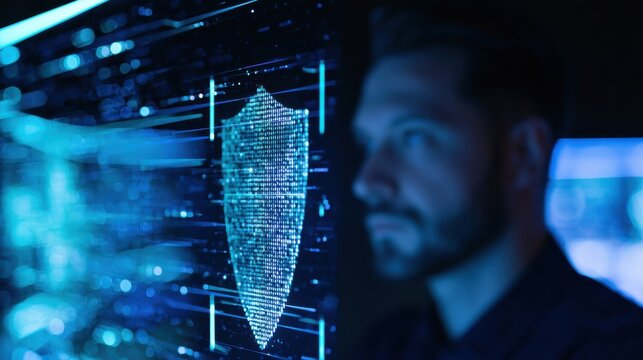 Cybersecurity Analyst Monitoring Digital Threats on Holographic Interface