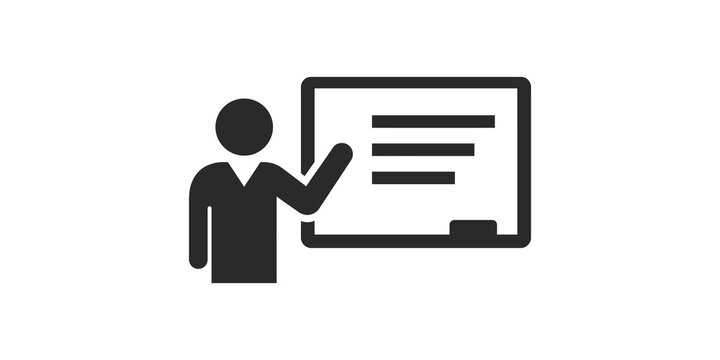 Teacher presenting lessons on whiteboard vector icon for educational presentations and classroom materials.