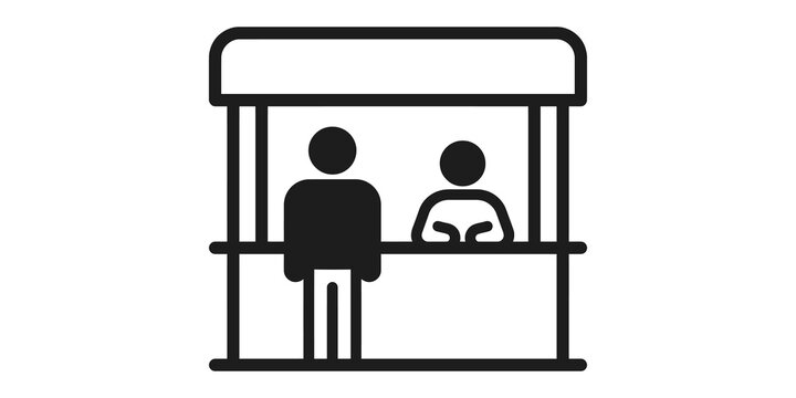 Market stall black icon with vendor and customer for local business and shopping concepts.