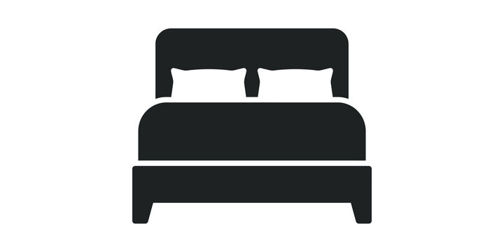 Double bed furniture icon in black silhouette for hotel and bedroom interior planning applications.