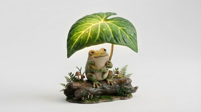 Frog holding large green leaf as umbrella