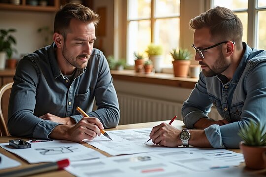 Homeowner Consulting with Roofing Expert at a Table, Reviewing Detailed Repair Estimate in Warm Natural Light Amidst Tools and Materials