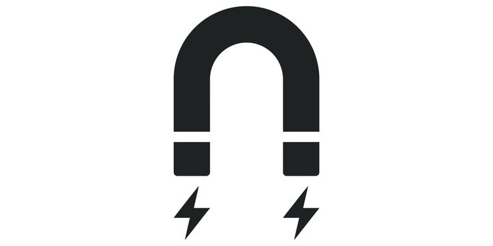 Magnet icon with electricity sparks effect in black flat style for industrial technology and science research projects.