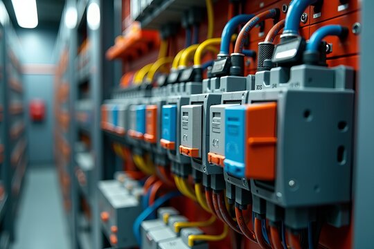 Photograph a High-Angle View of a Detailed Panelboard Showcasing Vibrant Wiring and Components, Emphasizing the Complexity of Industrial Electrical Systems