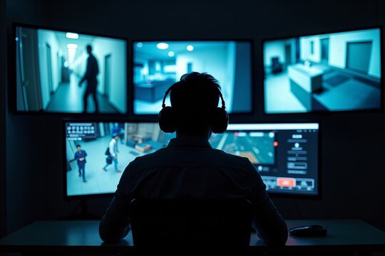 Silhouette of a Security Operator in a Dim Control Room, Surrounded by Illuminated Surveillance Screens, Highlighting Focus and Determination