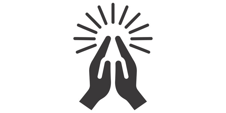 Black praying hands icon with radiating light rays symbolizes hope and spiritual devotion.