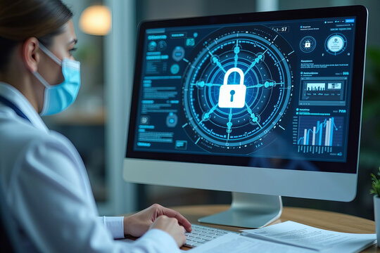 Close-Up of Healthcare Professional Analyzing Encrypted Patient Data on Computer Screen Amidst Compliance Documents and Security Protocols