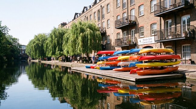 Colorful recreational sports kayaks on a dock in front of a building in the residential district of Maida Vale in London on the Regent's Canal with the water reflecting everything