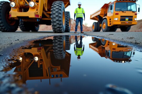 Highlighting the Vivid Contrast of Oil Spill Colors Against Machinery and Safety Warnings: Emphasizing the Slick Surface