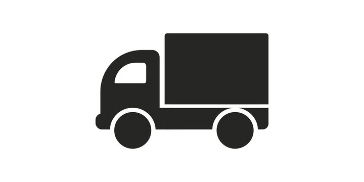 Solid black delivery truck icon representing industrial transportation logistics and heavy duty cargo shipping.