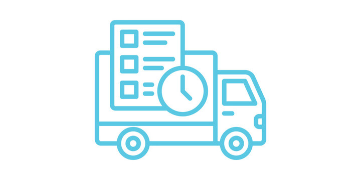 Blue line art delivery truck icon including checklist and clock symbols for scheduled logistics tracking.