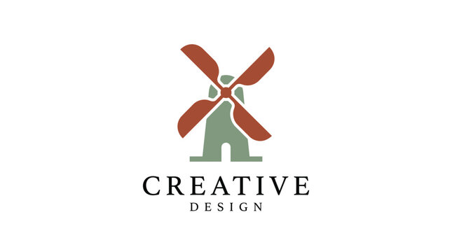 Creative windmill logo with red blades.