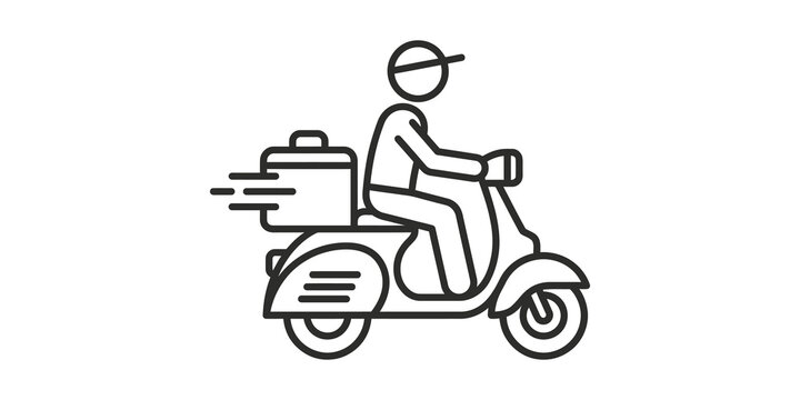 Scooter delivery driver line icon, fast transport service on a moped, black outline on transparent background.