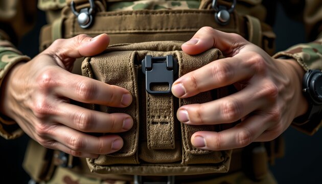 The image shows a close up of a person's hands adjusting or holding a tan colored tactical pouch attached to a military style camouflage uniform