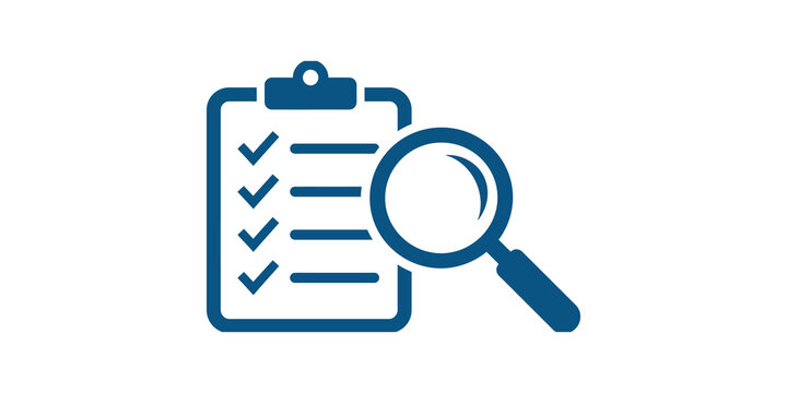 Document checklist with magnifying glass icon in blue representing auditing task inspection data review and quality verification.