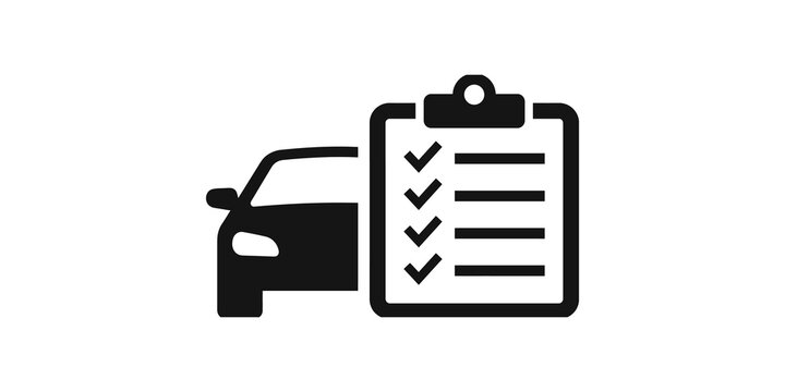 Black car inspection checklist icon for vehicle maintenance and quality control.