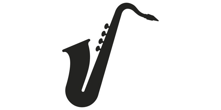 Black silhouette of a musical saxophone instrument for jazz band performance and music school education.