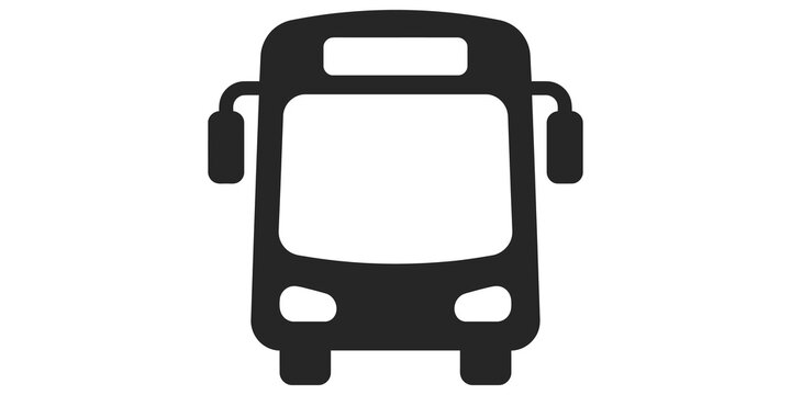 Front view black bus icon for public transport schedule and urban mobility graphic design.