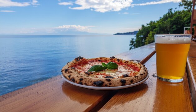 Italian Pizza and Beer with Ocean View Background Illustration ピザ ビール 海 テラス リゾート