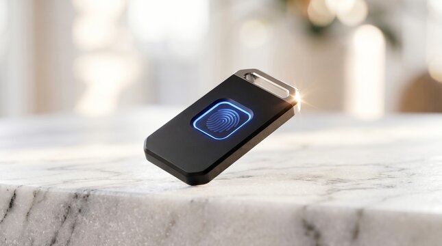 Biometric Security Key with Glowing Fingerprint Sensor on White Marble Surface
