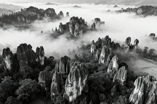 Aerial view of mist-covered limestone karsts in a forested mountainous region