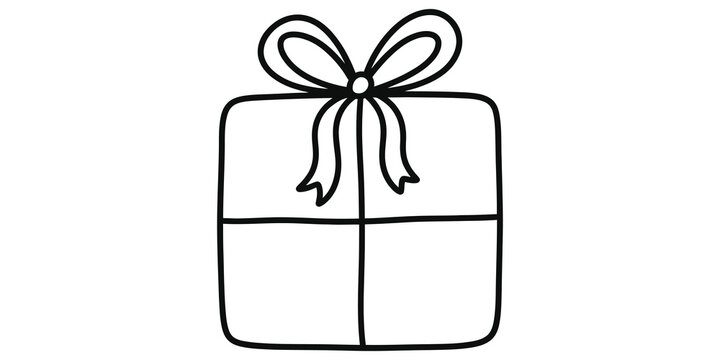 Black and white hand-drawn present box with ribbon for holiday celebration.