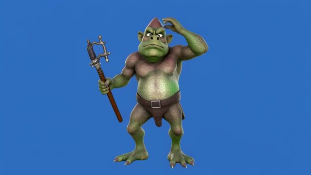 Goblin character standing with a spear during a subtle animation cycle on a blue background
