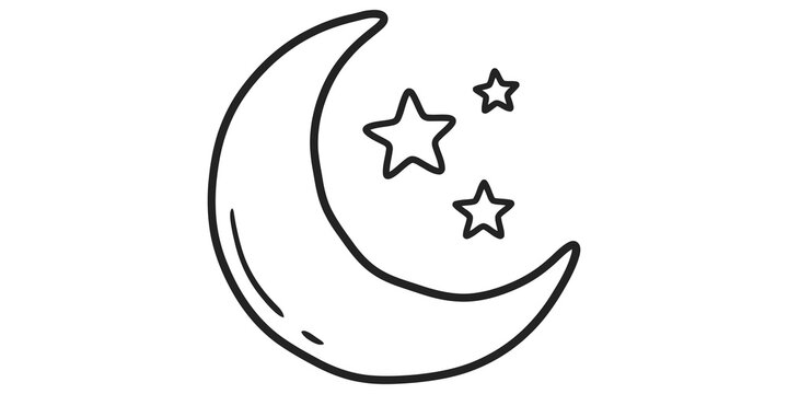 Crescent moon with stars icon black outline night sky cosmic sleepy theme.