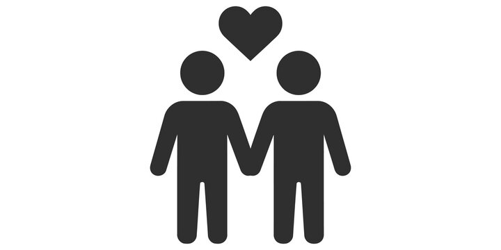Gay couple holding hands with heart symbol for lgbtq love concept.