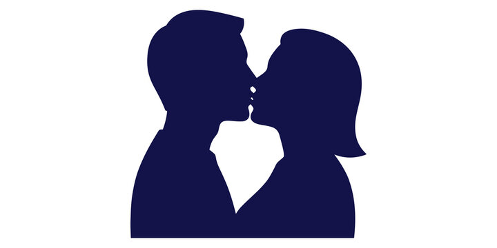 Couple kissing silhouette dark blue vector graphic for romantic projects.